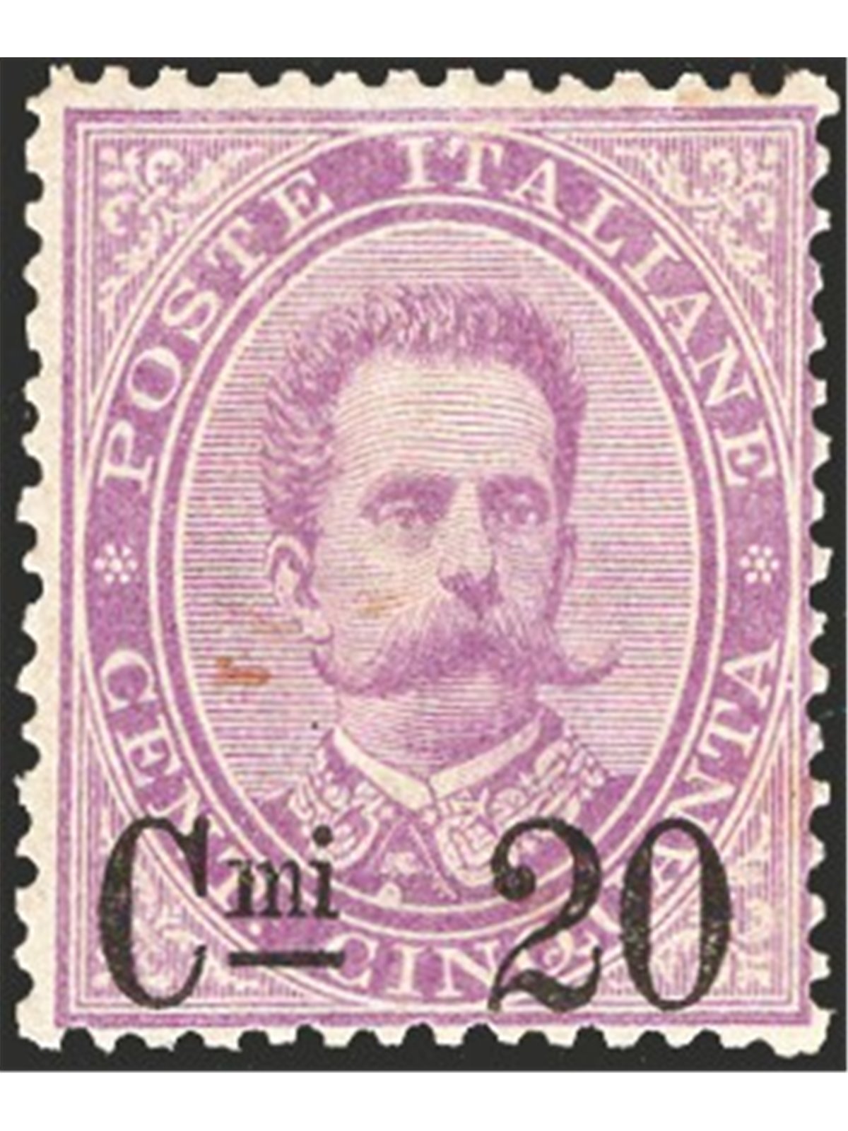 Italy 1890 Umberto I 50 c. violet on 20 c. No. 58. Signed ‘AD’. CiBaFil certified. Cat. €300 (*)