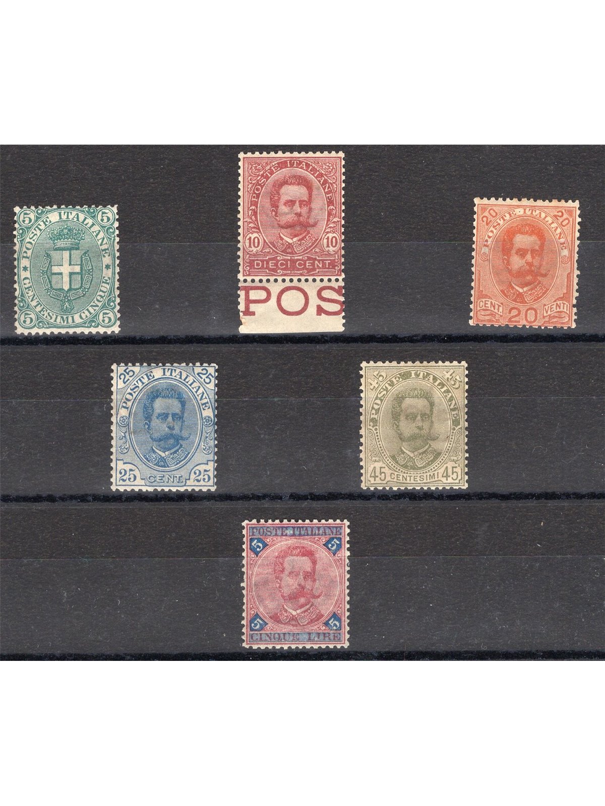 Italia 1891/96 Umberto I serie n° 59/64 con ottima centratura Cert. Biondi Cat. € 5.820 (**)