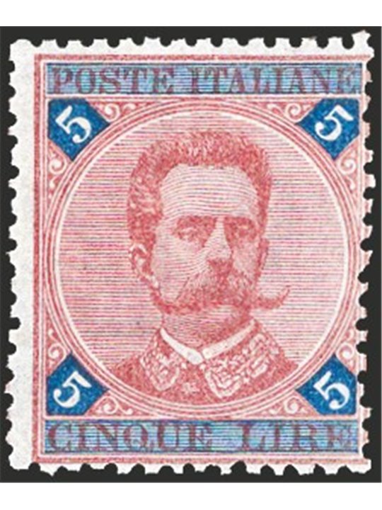 Italia 1891 Umberto I 5 £ carminio ed azzurro n° 64 Cat. € 200 (**)