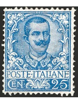 Italia 1901 Floreale 25 c. azzurro n° 73 con discreta centratura Cert. CiBaFil Cat. € 4.500 (**)