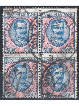 Italia 1901 Floreale 5 £ azzurro e rosa n° 78 in quartina usata Cert. Biondi Cat. € 110 (U)
