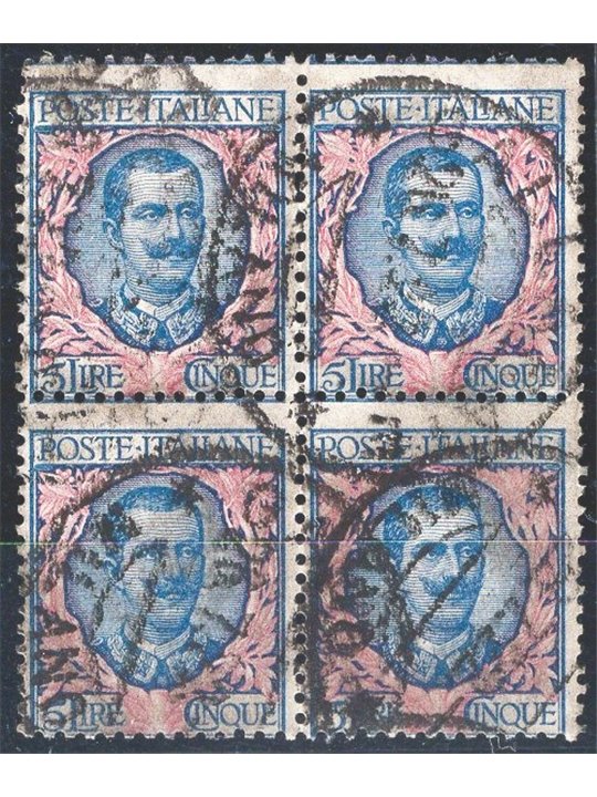 Italy 1901 Floral 5 £ light blue and pink no. 78 in a used block of four certified by Biondi Cat. €110 (U)