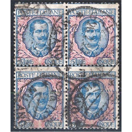 Italy 1901 Floral 5 £ light blue and pink no. 78 in a used block of four certified by Biondi Cat. €110 (U)