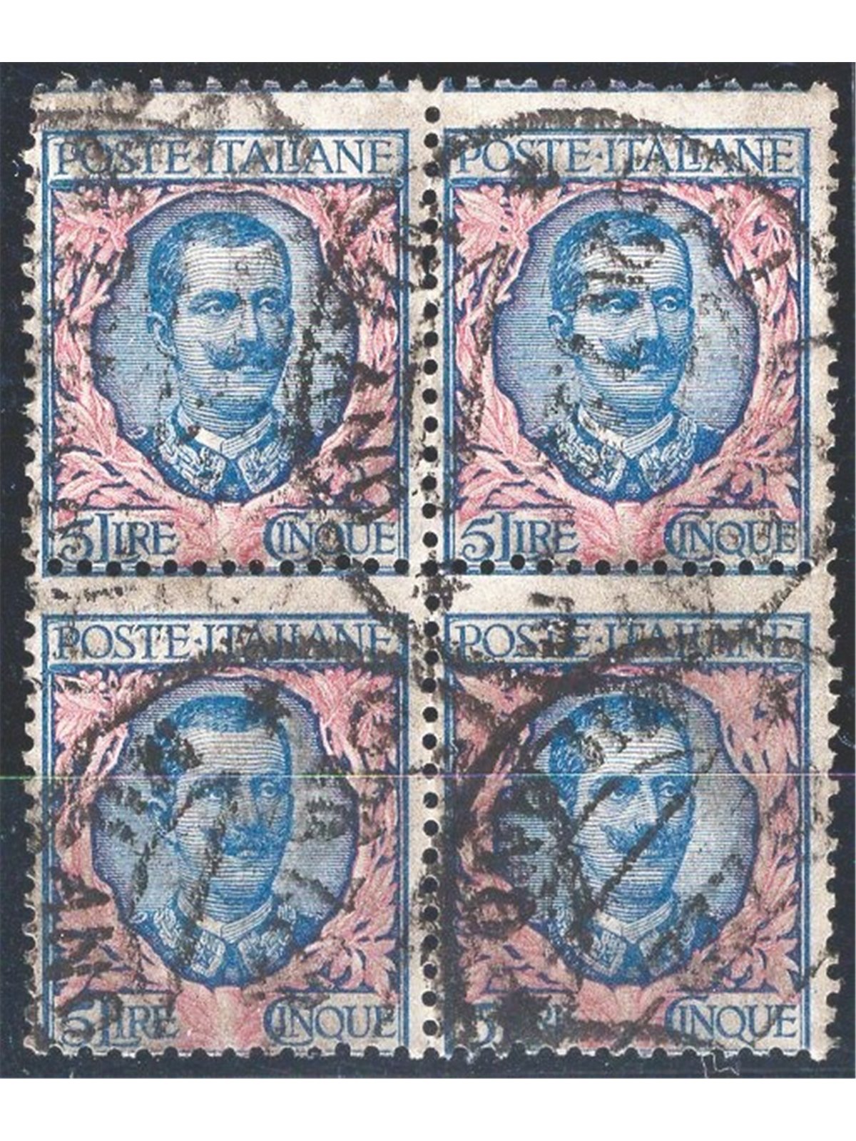Italia 1901 Floreale 5 £ azzurro e rosa n° 78 in quartina usata Cert. Biondi Cat. € 110 (U)