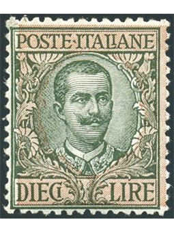 Italia 1910 Floreale 10 £ n° 91 con ottima centratura Cert. Biondi Cat. € 1.400 (**)