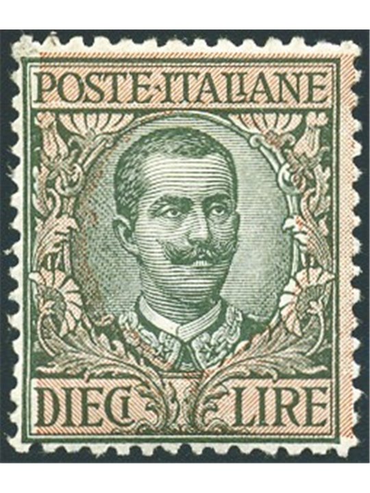 Italy 1910 Floral 10 £ No. ° 91 with excellent centring certified by Biondi Cat. €1,400 (**)