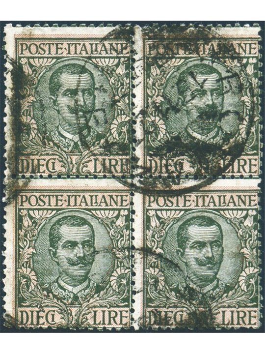 Italia 1910 Floreale 10 £ n° 91 in quartina Cert. Biondi Cat. € 350 (U)
