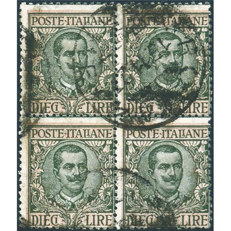 Italia 1910 Floreale 10 £ n° 91 in quartina Cert. Biondi Cat. € 350 (U)