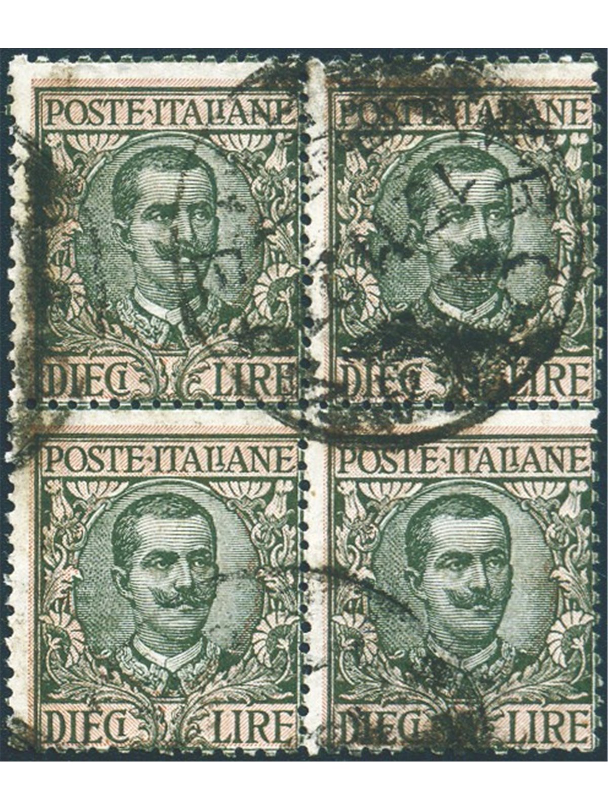 Italy 1910 Floral 10 £ No. 91 in a block of four certified by Biondi Cat. €350 (U)