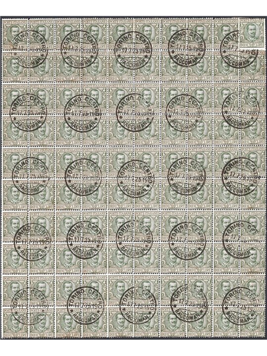 Italy 1910 Floral 10 £ (block of 99 used stamps plus 1 new) Cat. €2,200