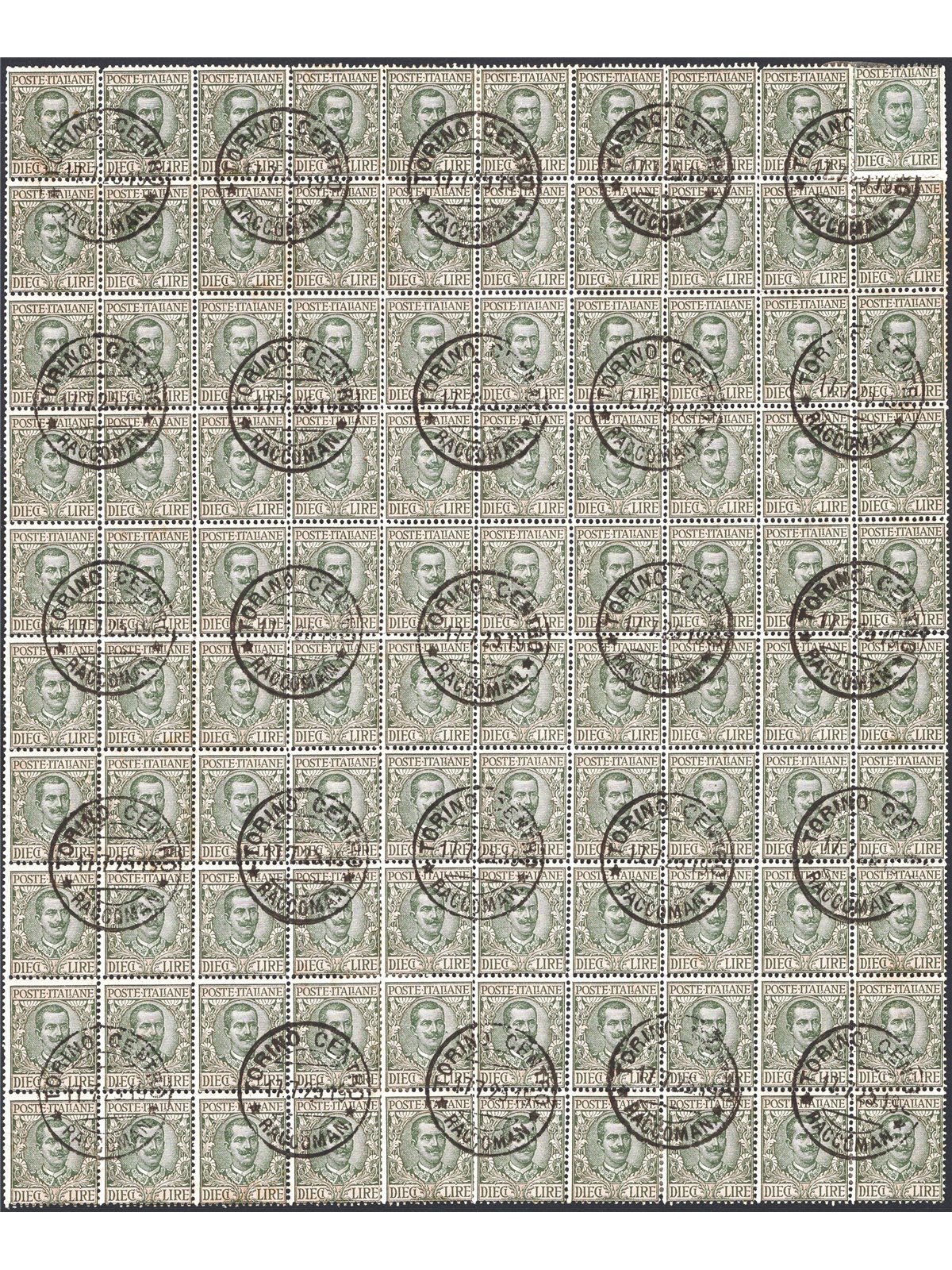 Italia 1910 Floreale 10 £ (blocco di 99 usati più 1 nuovo) Cat. € 2.200