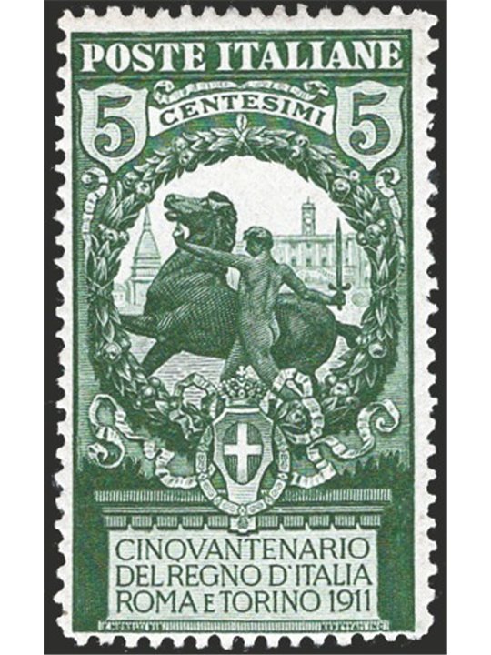 Italy 1911 Unità d’Italia 5 c. green perforation 13½ no. 93a CiBaFil certified Cat. €375 (**)