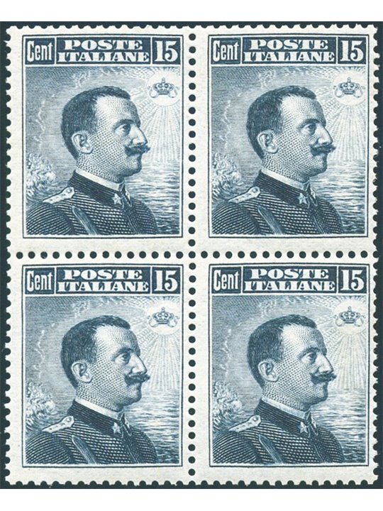 Italy 1911 Victor Emmanuel 15 c. grey-black No. 96 in a block of four Biondi certificate Cat. €550 (**)