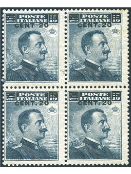 Italia 1916 Michetti 20 c. su 15 n° 106 in quartina Cert. Biondi Cat. € 285 (**)