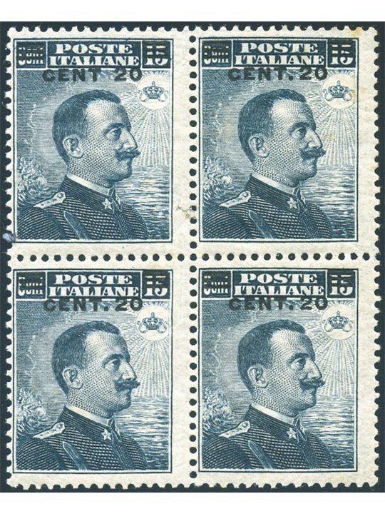 Italia 1916 Michetti 20 c. su 15 n° 106 in quartina Cert. Biondi Cat. € 285 (**)