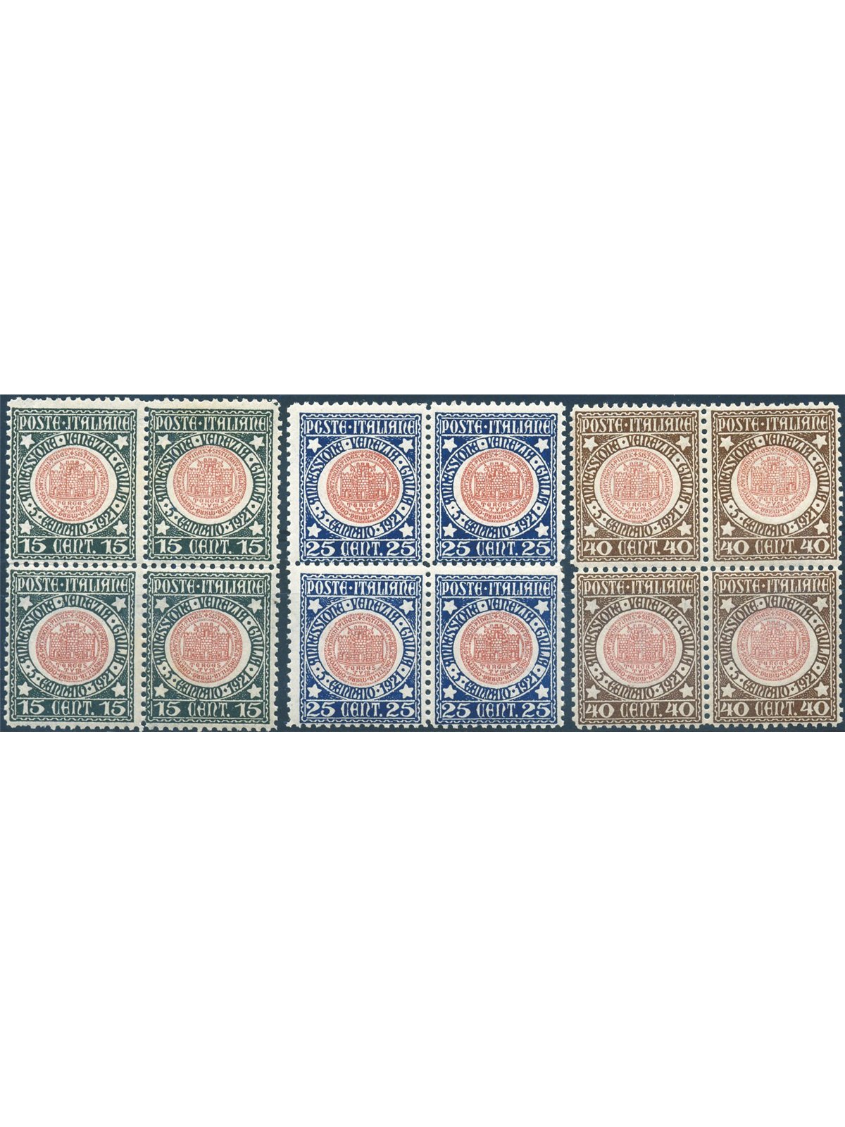 Italia 1921 Venezia Giulia serie n° 113/15 in quartina con ottima centratura Cert. Biondi Cat. € 1.500+ (**)