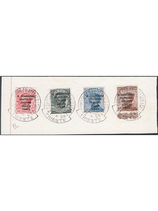 Italia 1922 Congresso Filatelico serie n° 123/26 su ampio frammento con annulli completi Cert. CiBaFil Cat. € 1.600 (U/Fr)