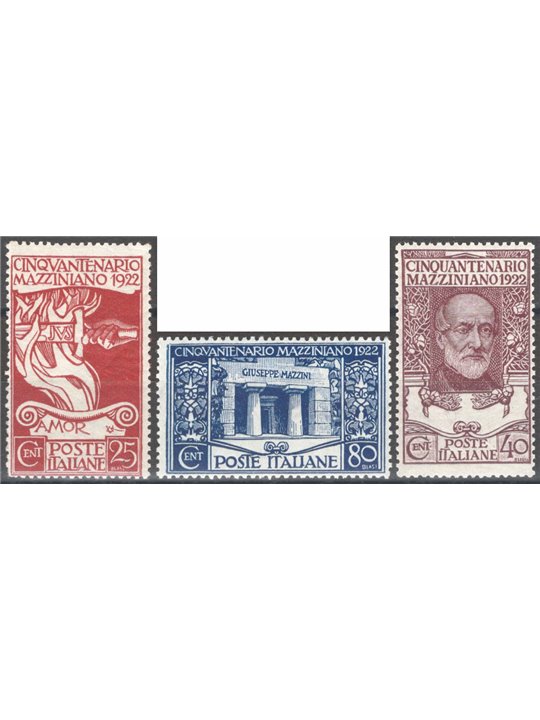 Italy 1922 Mazzini series no. 128/30 with excellent centring CiBaFil cert. Cat. €1,000 (**)