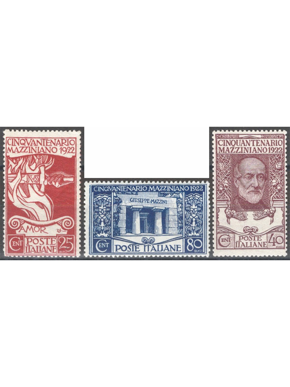 Italy 1922 Mazzini series no. 128/30 with excellent centring CiBaFil cert. Cat. €1,000 (**)