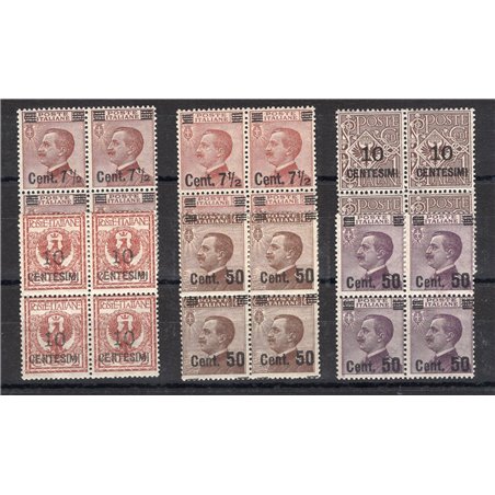 Italia 1923/27 Vitt. Emanuele soprast. serie n° 135/40 in quartina Cert. Biondi Cat. € 700+ (**)