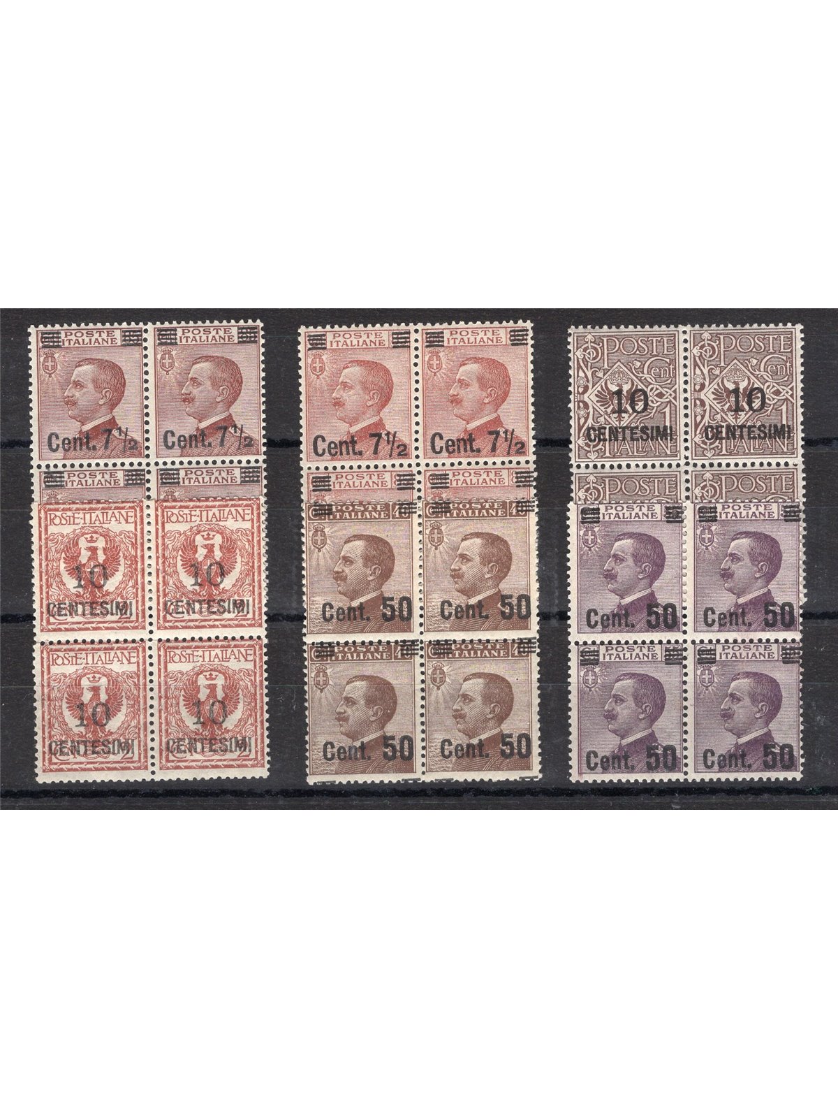 Italy 1923/27 Victor Emmanuel overprint series no. 135/40 in a block of four Cert. Biondi Cat. €700+ (**)