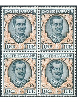 Italy 1923 Floral 2 £ No. 150 in a block of four with excellent centring certified by Biondi Cat. €1,580 (**)