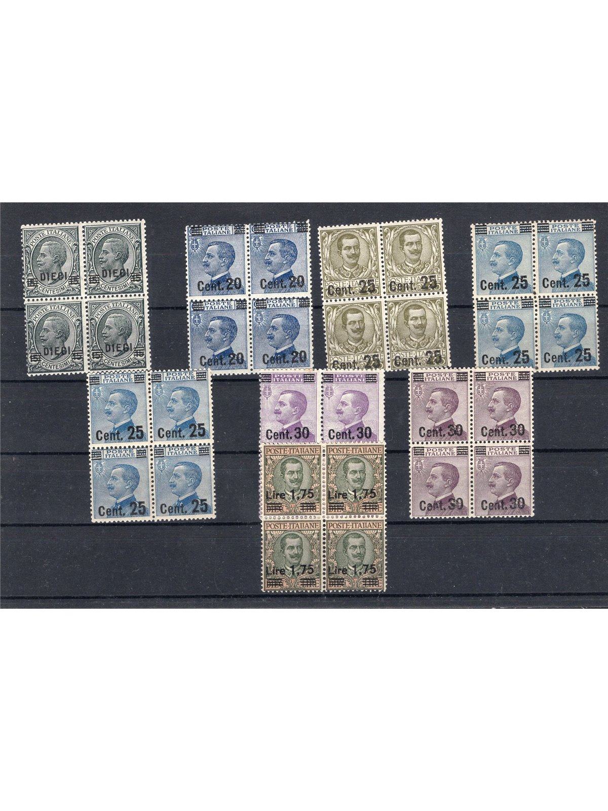 Italia 1924/25 Provvisori soprast. serie n° 175/82 in quartina Cert. Biondi Cat. € 875+ (**)