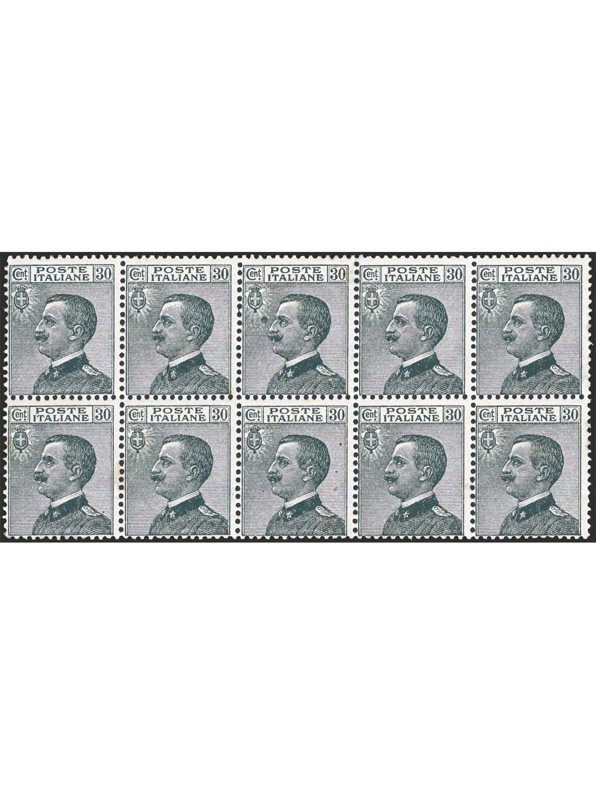 Italy 1925 Michetti 30 c. grey horizontal block of 10 with clear overprint no. 185g Cat. €450 (**)