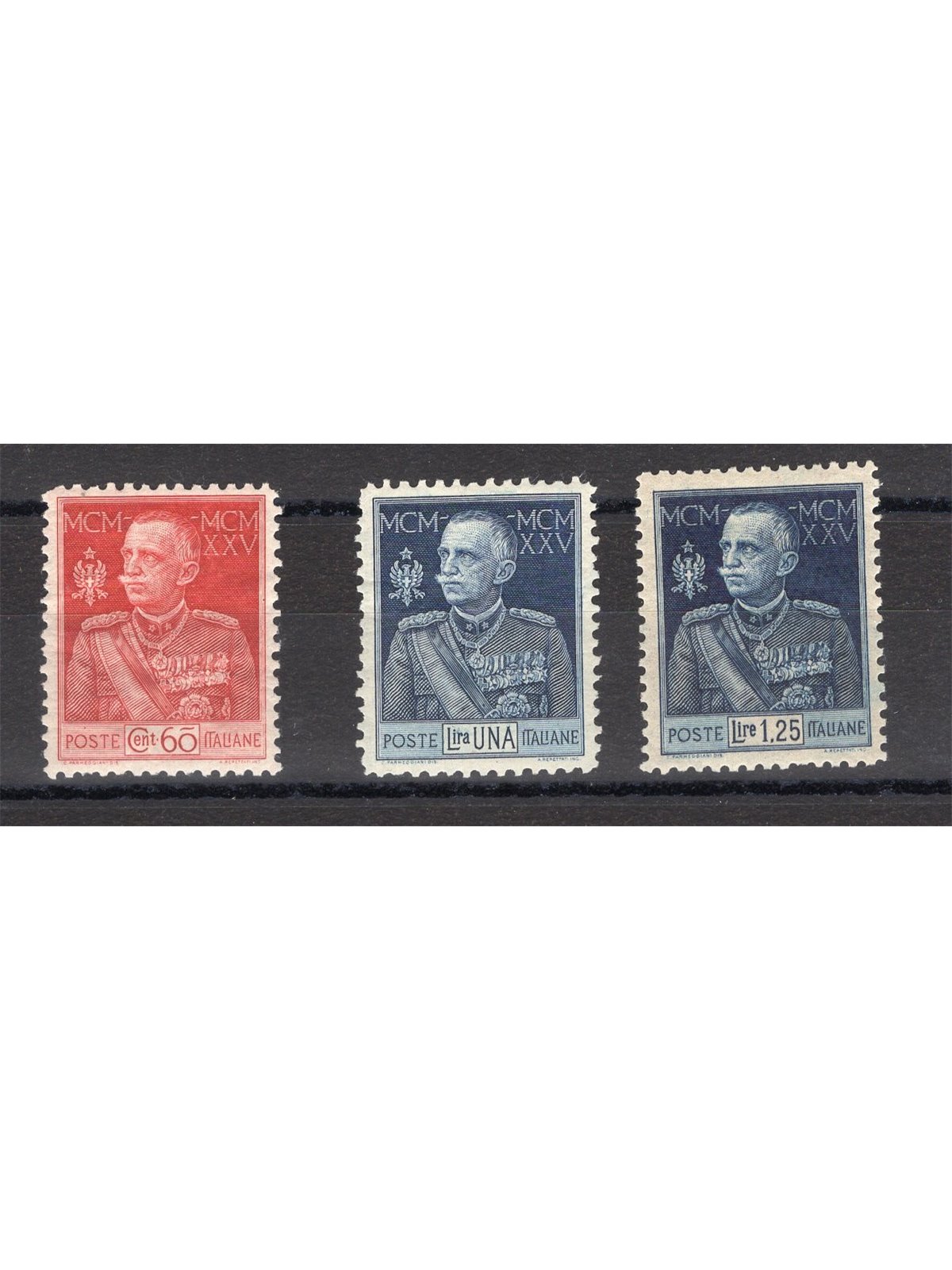 Italy 1925/26 Jubilee 11 per mm series no. 189/91 with excellent centring Biondi Cert. Cat. €2,200 (**)