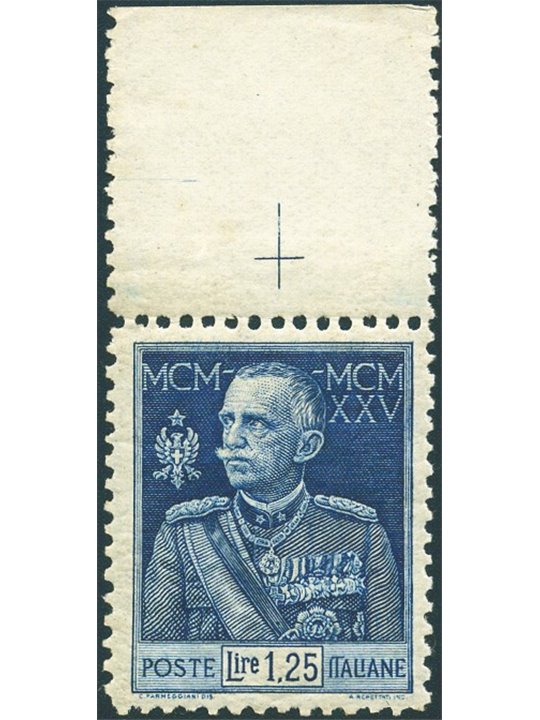 Italia 1925/26 Giubileo 1,25 £ dent. 11 n° 191 con ottima centratura Cert. Biondi Cat. € 2.000 (**)