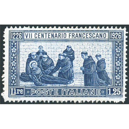 Italia 1926 S. Francesco 1,25 £ dent. 13½ n° 196 con ottima centratura per l'emissione Cert. G. Bolaffi Cat. € 3.300 (**)