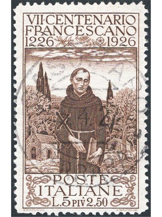 Italy 1926 St Francis 5 £ brown no. 197 with original dated postmark CiBaFil certificate Cat. € 240 (U)