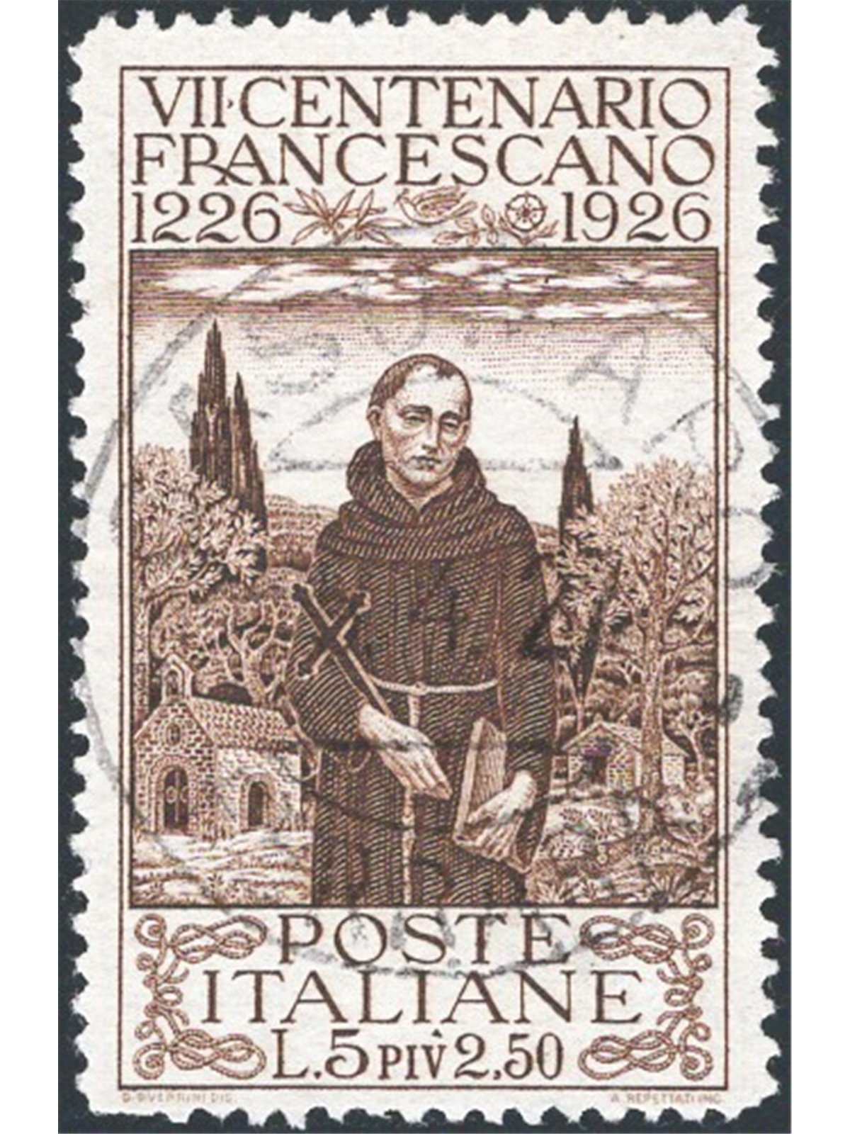Italia 1926 S. Francesco 5 £ bruno n° 197 con annullo originale in data Cert. CiBaFil Cat. € 240 (U)