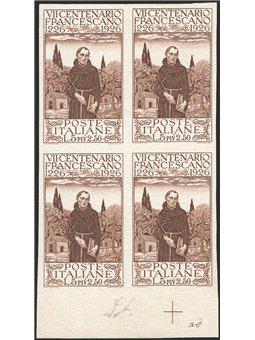 Italy 1926 St Francis 5 £ + 2.50 brown in a block of four archive proof no. P197 Cat. € 2,000 (*)