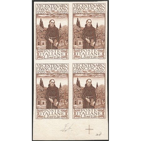 Italia 1926 S. Francesco 5 £ + 2,50 bruno in quartina prova d'archivio n° P197 Cat. € 2.000 (*)