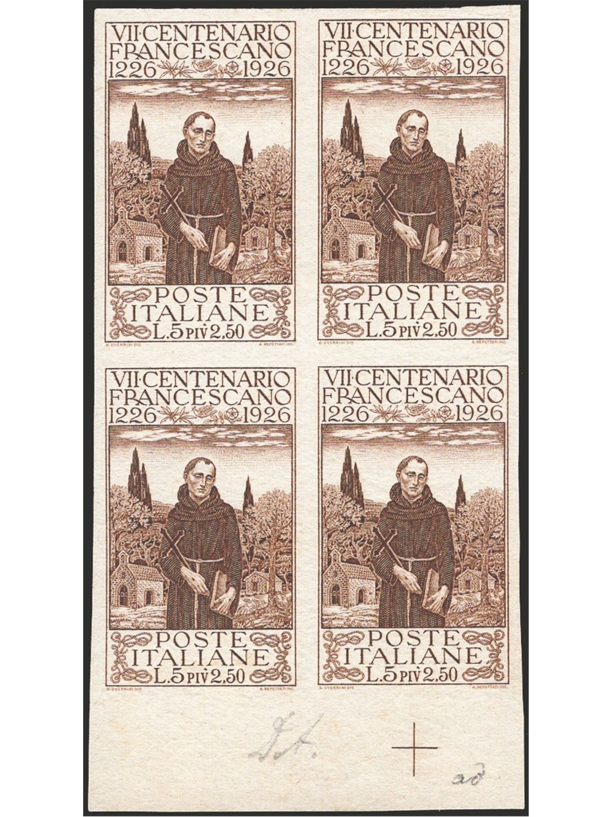 Italia 1926 S. Francesco 5 £ + 2,50 bruno in quartina prova d'archivio n° P197 Cat. € 2.000 (*)