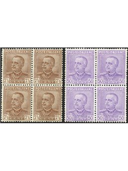 Italy 1928 Emanuele Filiberto 7½ c. and 50 c. Parmeggiani type series no. 224/25 in a block of four. Cat. €450 (**)