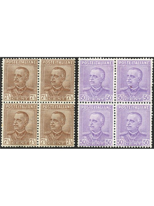 Italia 1928 Emanuele Filiberto 7½ c. e 50 c. tipo Parmeggiani serie n° 224/25 in quartina Cat. € 450 (**)