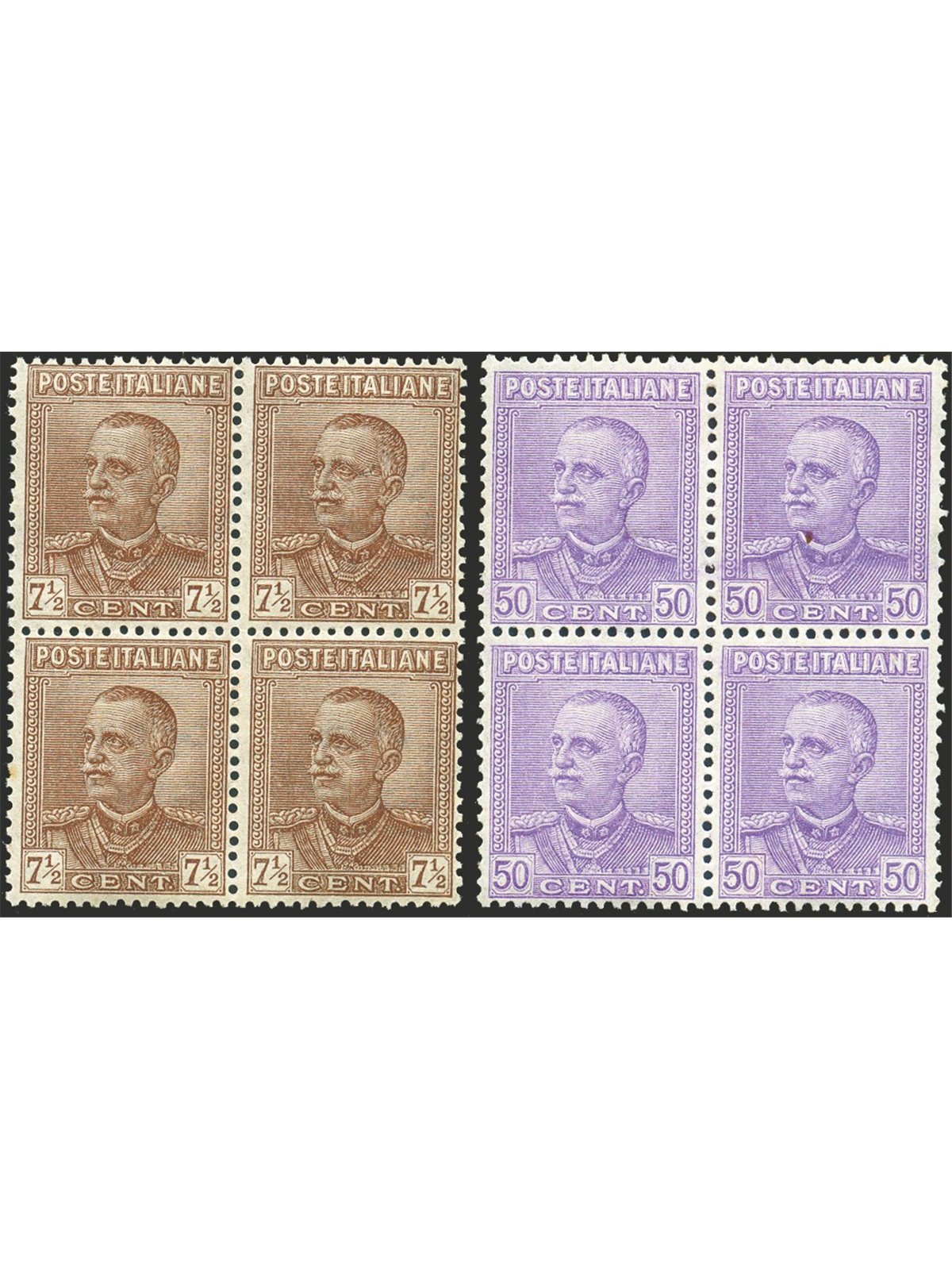 Italy 1928 Emanuele Filiberto 7½ c. and 50 c. Parmeggiani type series no. 224/25 in a block of four. Cat. €450 (**)