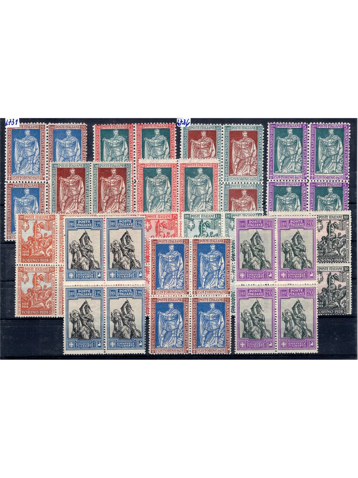 Italy 1928 Emanuele Filiberto series no. 226/38 in a block of four Biondi certificate Cat. €9,375 (** )