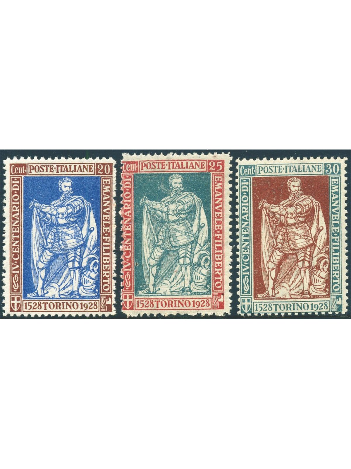 Italy 1928 Emanuele Filiberto series no. 230/32 with excellent centring Biondi certificate Cat. €1,875 (**)