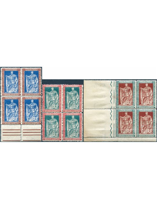 Italy 1928 Emanuele Filiberto series no. 230/32 in a block of four with excellent centring Biondi certified Cat. €9,375 (**)