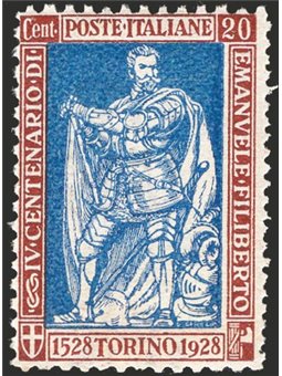 Italia 1928 Emanuele Filiberto 20 c. bruno e oltremare dent. 13¾ a destra ed 11 gli altri tre lati n° 226. Firm. AD ED Cert. CiB
