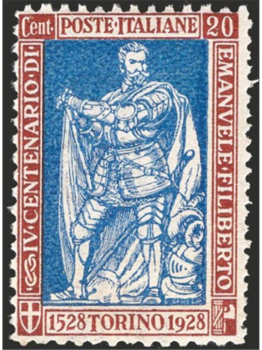Italia 1928 Emanuele Filiberto 20 c. bruno e oltremare dent. 13¾ a destra ed 11 gli altri tre lati n° 226. Firm. AD ED Cert. CiB