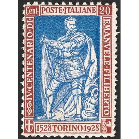 Italy 1928 Emanuele Filiberto 20 c. brown and ultramarine perforation 13¾ to the right and 11 on the other three sides no. 226. 