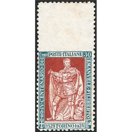 Italy 1928 Emanuele Filiberto 30 c. perforation 11 unperforated at the top no. 226k certified by CiBaFil catalogue price €900 (*