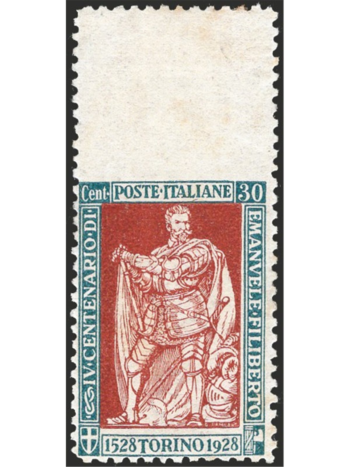Italia 1928 Emanuele Filiberto 30 c. dent. 11 non dent. in alto n° 226k Cert. CiBaFil Cat. € 900 (**)