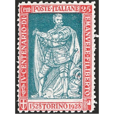 Italy 1928 Emanuele Filiberto 25 c. carmine and green perforation 11x13¾ no. 227b. Signed Raybaudi. Certified by CiBaFil. Catalo