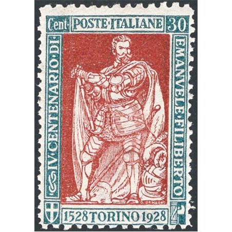 Italia 1928 Emanuele Filiberto 30 c. verde e bruno dent. 11x13¾ n° 228b. Firm. Raybaudi Cert. CiBaFil Cat. € 1.200 (**)