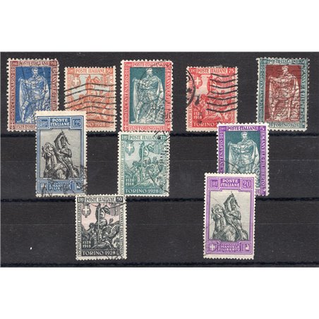 Italy 1928 Emanuele Filiberto series No. 226/29 + 233/38 with cancellations not guaranteed as they are barely legible Cat. €1,40
